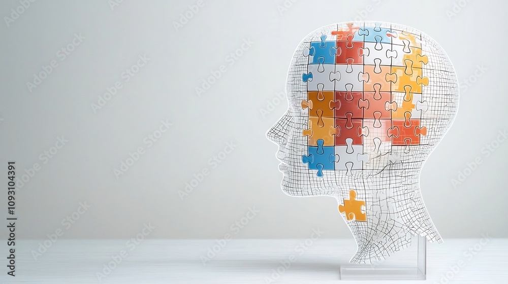 Poster glowing puzzle piece seamlessly integrating into the silhouette of a human head symbolizing the conn