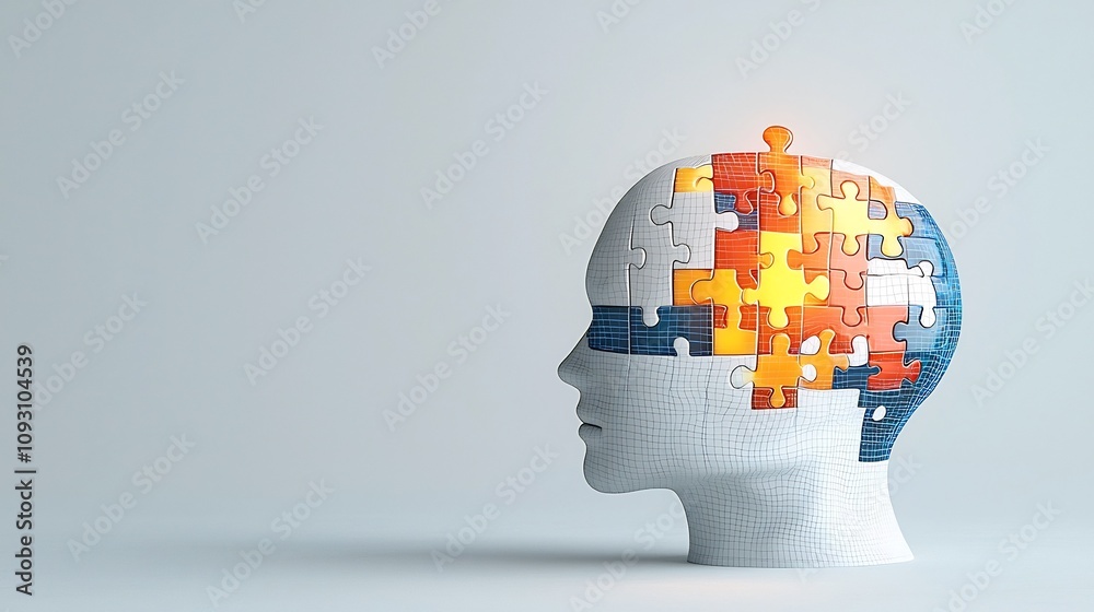Poster Vibrant glowing puzzle piece embedded in a human head symbolizing the search for solutions to mental health challenges and personal growth  Set against a minimalist white background
