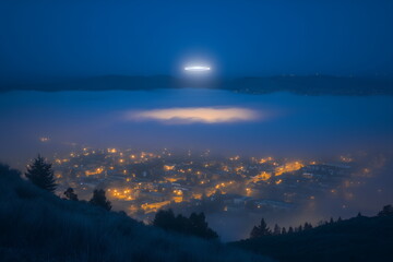 A massive UFO floating above a cityscape at twilight, city lights below and clouds parting