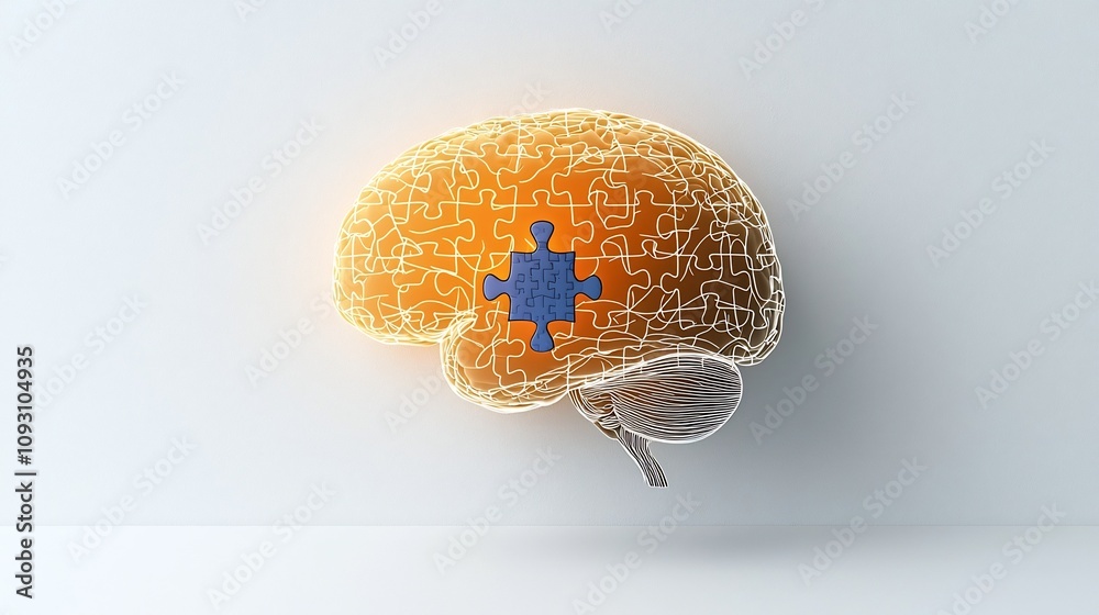 Poster a glowing surreal human head with a puzzle piece centerpiece symbolizing the complex challenges and 