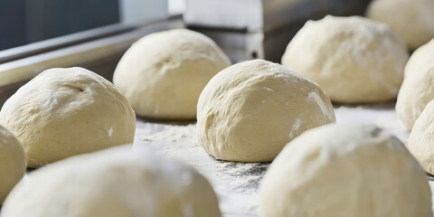 Dough Mixing in Commercial Bakery with Industrial Equipment. Big dough balls kneaded in automated bakery production line