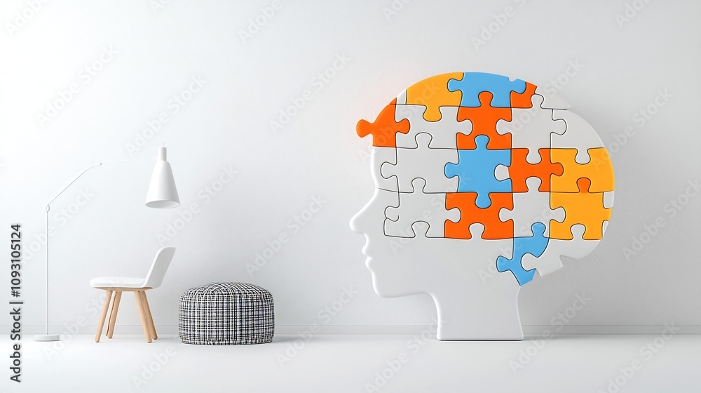 Poster Luminescent and glowing puzzle piece featured within the outline of a human head representing the power of the mind mental health and problem solving abilities