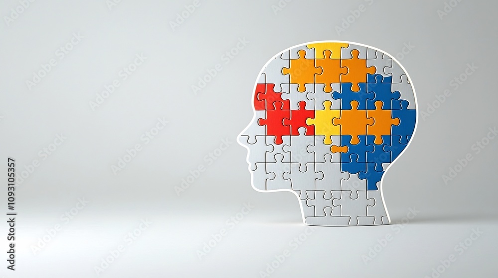 Poster luminous puzzle piece featured within a human head outline symbolizing the connection between mental