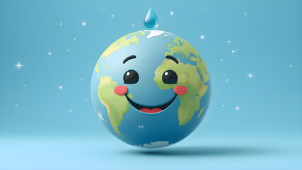 Naklejka premium Cute Earth with water droplet on top.World water day.save water for ecology and environment conservation concept design.3d Illustration.