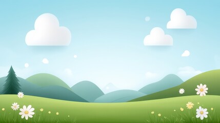 Fototapeta premium Serene Spring Landscape with Rolling Green Hills, Soft Clouds, and Daisies in a Vibrant Natural Scene Perfect for Backgrounds and Creative Projects