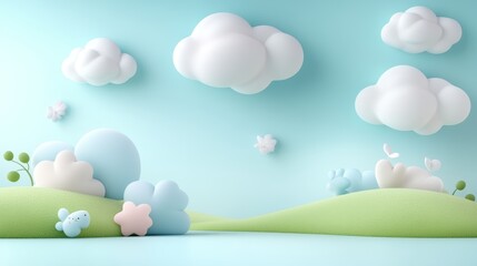 Fototapeta premium Dreamy Landscape with Soft Clouds and Cute Characters in a Pastel Color Palette, Ideal for Children's Themes and Imaginative Designs