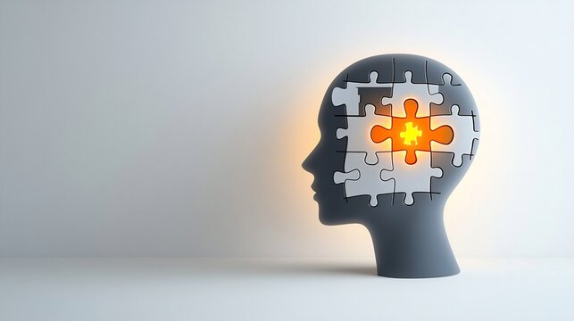 Creative of a glowing puzzle piece inside a human head silhouette symbolizing the concept of mental health awareness and the inner workings of the mind on a white background