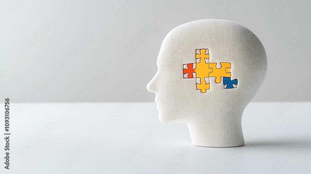 Poster radiant puzzle piece embedded in a human head outline representing awareness and understanding of me
