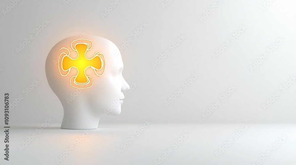 Poster a bright glowing puzzle piece nestled within the stylized silhouette of a human head symbolizing the