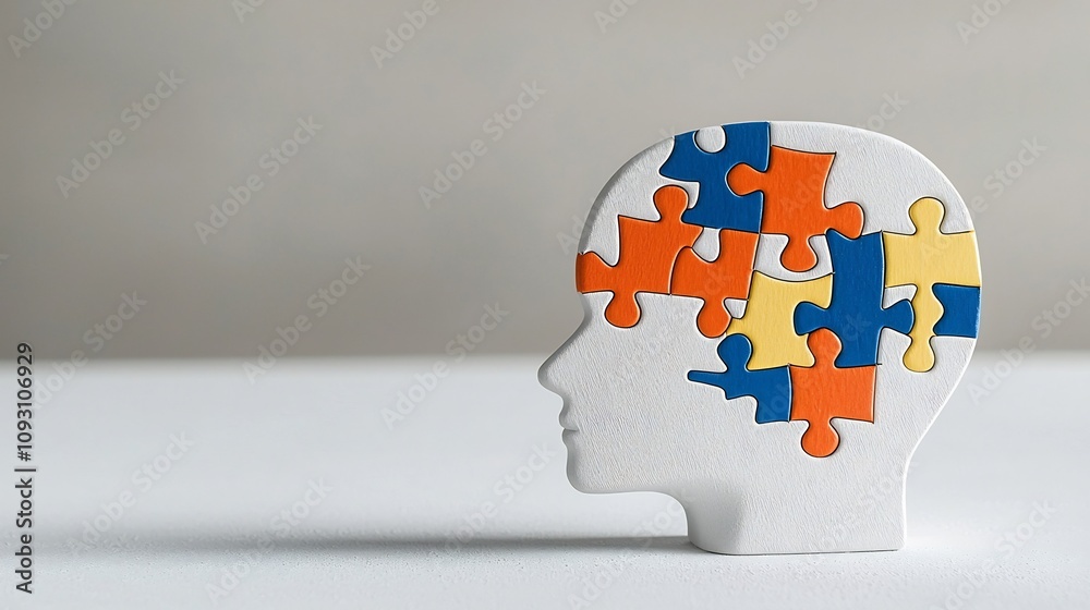 Poster radiant puzzle piece embedded in a human head outline symbolizing awareness and understanding of men