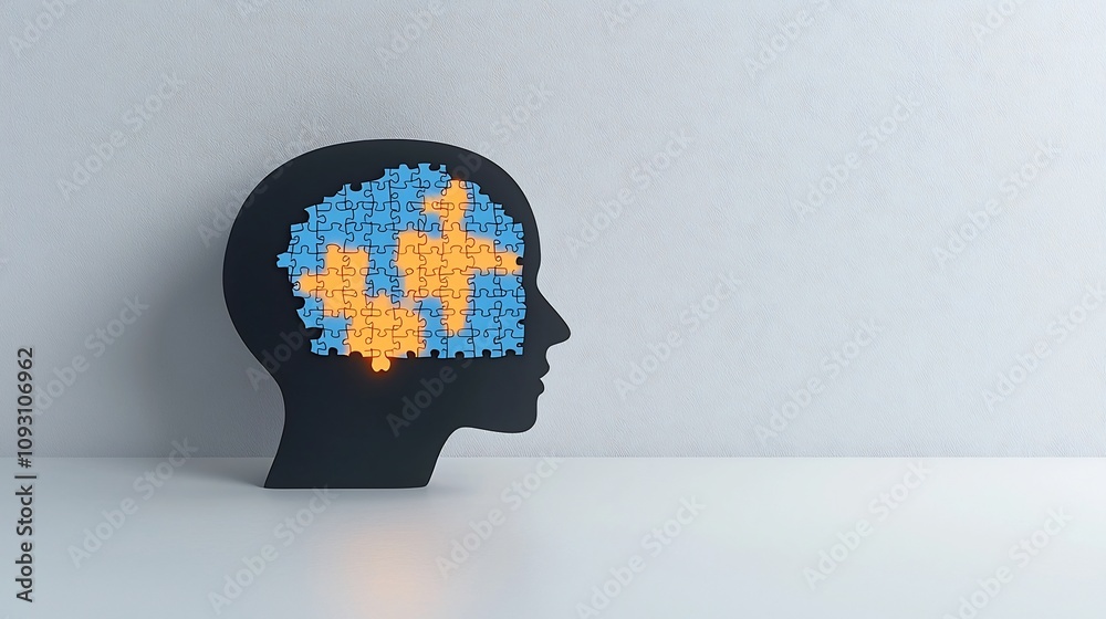 Aufkleber glowing human head silhouette with a puzzle piece emphasizing mental health awareness and challenges