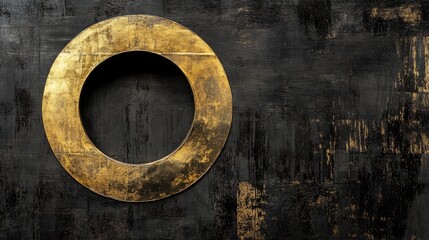 Abstract circular design with metallic gold finish against a dark textured background highlighting modern art and minimalism in interior decorations