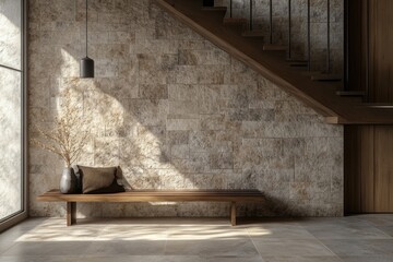 Rustic Loft Hallway with Wooden Bench and Staircase in Modern Entryway Design