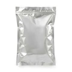 White grey silver foil blank bag package on white background aluminium bag Packaging sachet mockup food branding packaging 3D rendering.