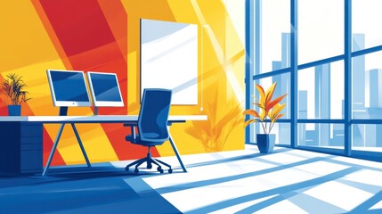 Fototapeta premium Modern Office Space with Stylish Interior Design, Bright Colors, Two Monitors, and Sunlight Streaming Through Large Windows in Urban Setting