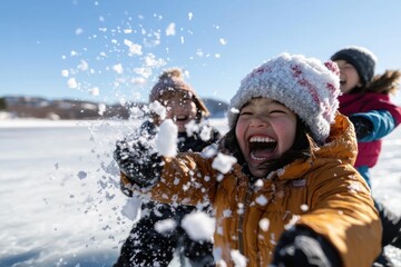 A group of joyful children play in the snow, throwing snowballs and enjoying the wintry landscape, capturing the essence of childhood happiness and friendship.