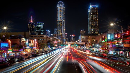 Fototapeta premium A bustling nightlife cityscape captured in a vibrant display of colorful lights and modern skyscrapers against a dramatic night sky backdrop