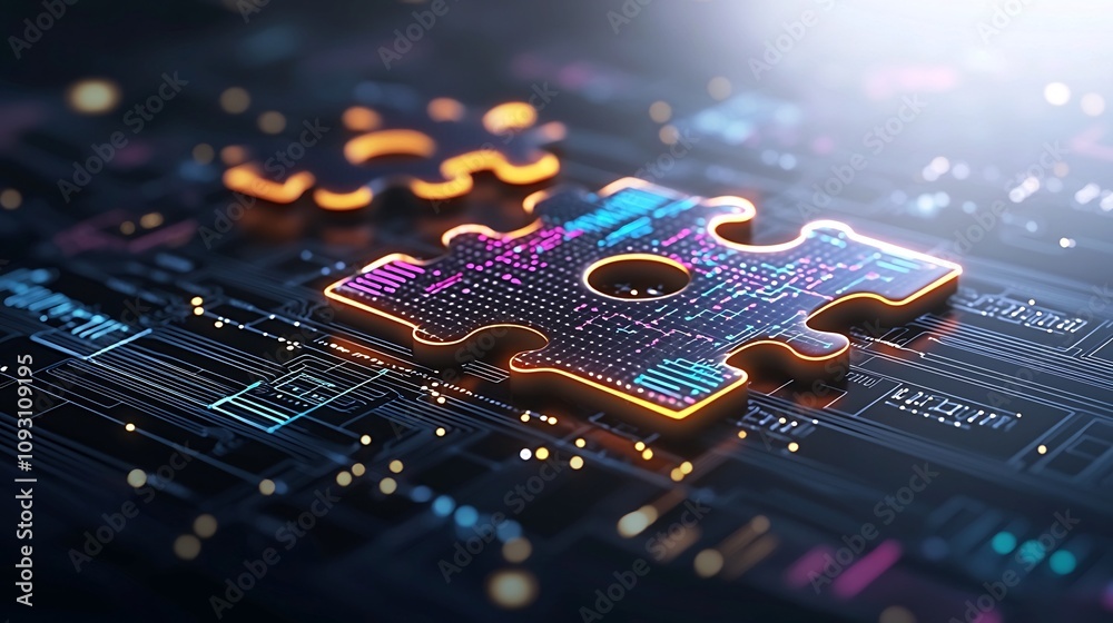 Poster Interconnected glowing puzzle pieces with vibrant neon circuit patterns symbolizing the innovation and connectivity of advanced digital technology on a high tech electronic backdrop