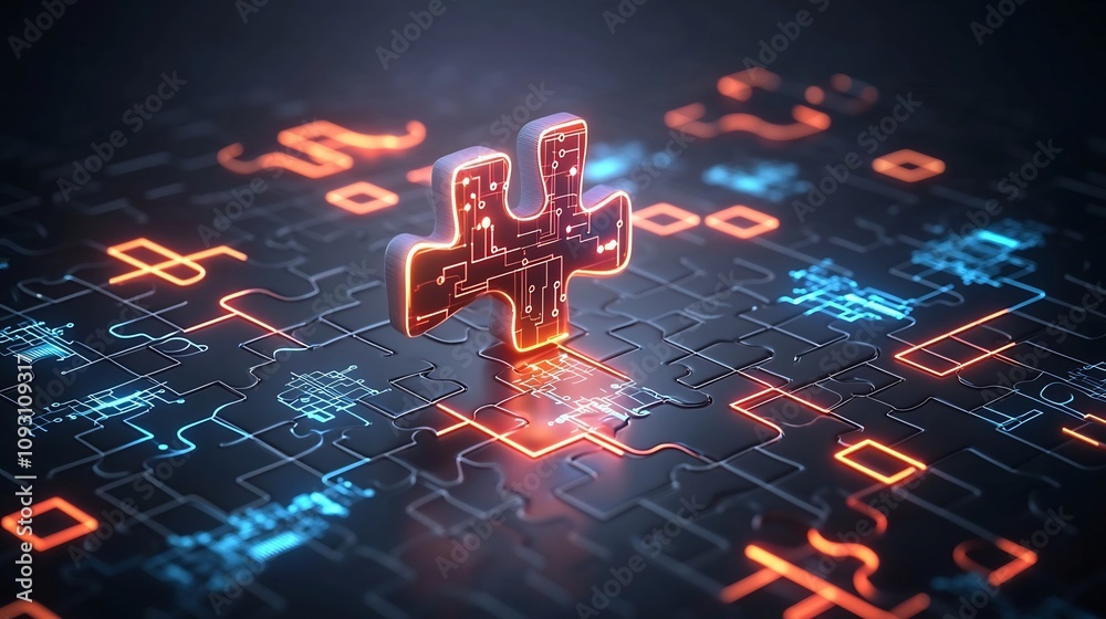 Poster Vibrant neon hued glowing puzzle pieces with circuit patterns intertwined and interlocked symbolizing innovation connectivity and the digital age on a high tech futuristic backdrop