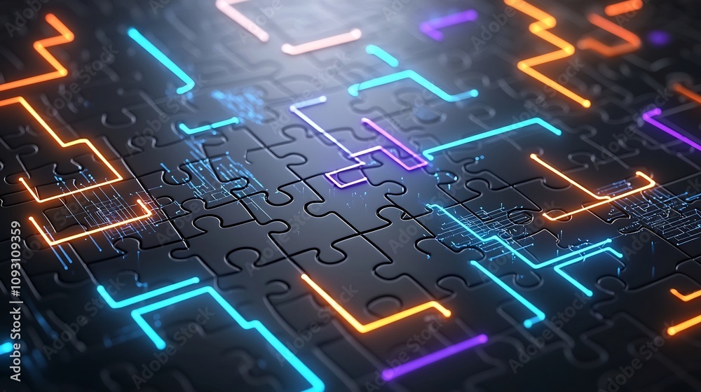 Aufkleber close up view of interconnected glowing puzzle pieces in a vibrant futuristic digital design illumin
