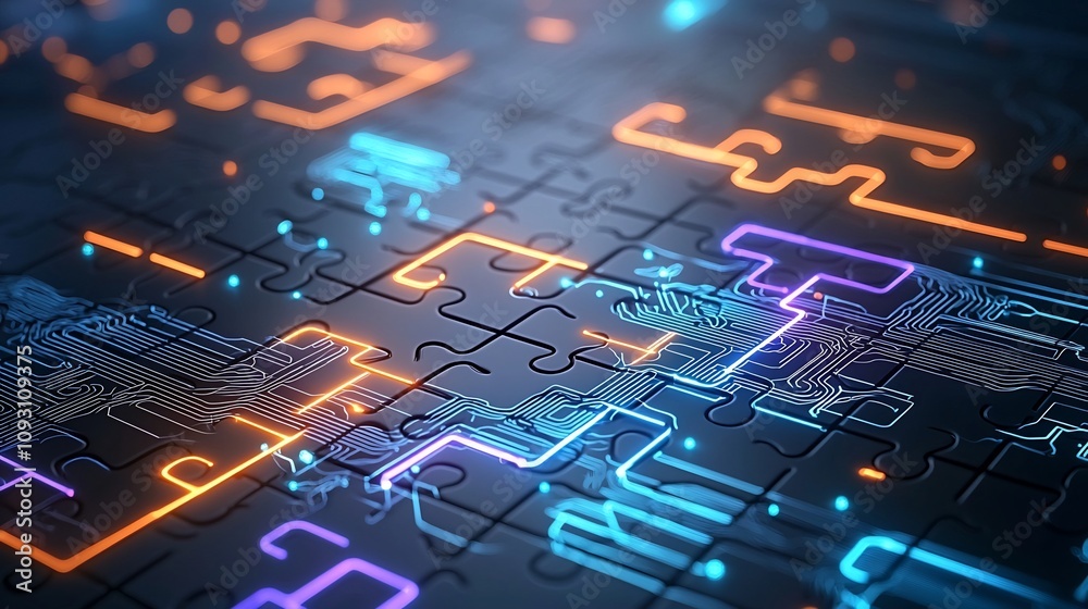 Poster Close up view of interconnected glowing puzzle pieces in a vibrant futuristic design illuminated with neon hues of blue orange and purple