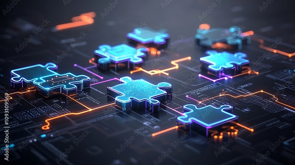 Poster futuristic digital artwork depicting seamlessly connected glowing puzzle pieces with intricate neon 
