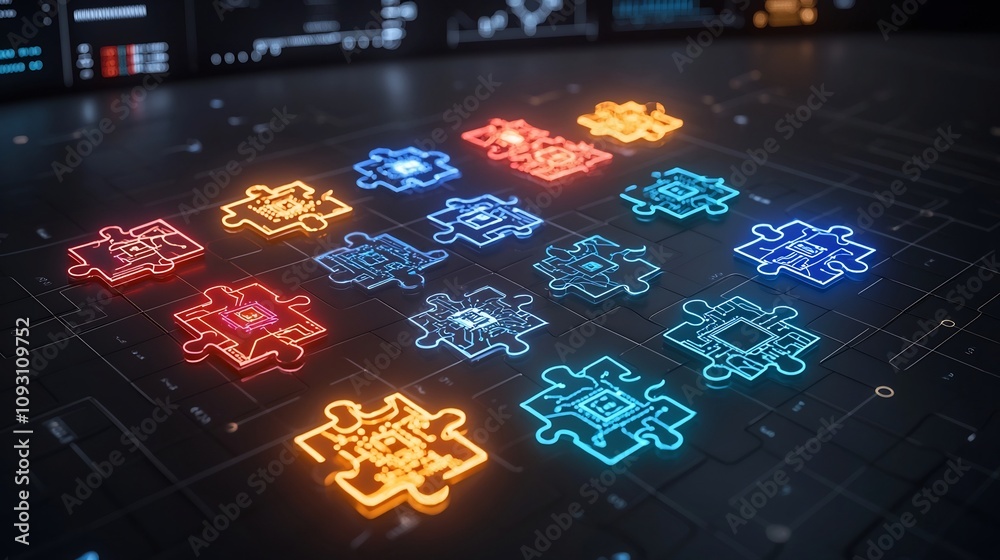 Aufkleber Vibrant glowing puzzle pieces with intricate circuit designs illuminated with neon colors representing the convergence of problem solving and modern technology against a dynamic futuristic background