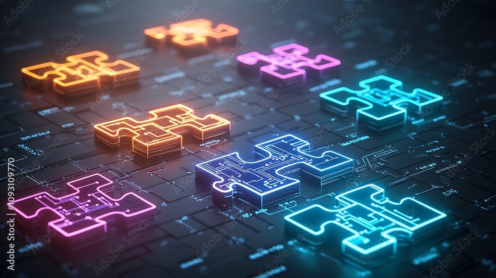 Aufkleber Vibrant glowing puzzle pieces with intricate circuit designs illuminated with neon colors representing problem solving and modern technology against a dynamic background