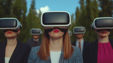 Group of People Wearing Virtual Reality Headsets in a Forest Setting, Exploring Technology and Immersive Experiences in a Natural Environment