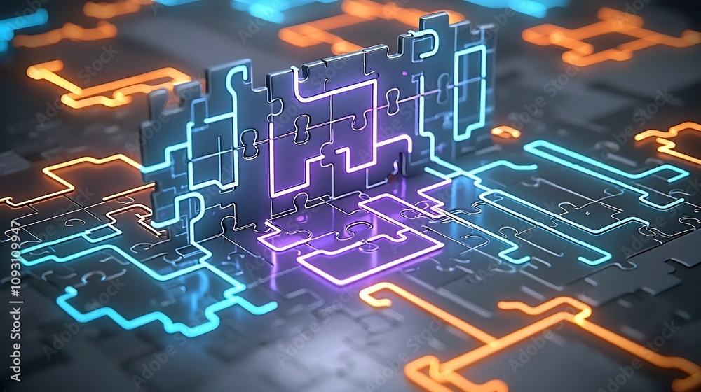 Poster neon lit puzzle pieces intricately interconnected in a striking futuristic style with vibrant colors