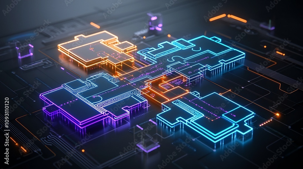 Poster futuristic interconnected puzzle pieces glowing in vibrant neon blue orange and purple colors featur