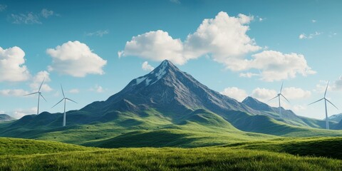 Obraz premium Net zero emissions impact concept. Majestic mountain landscape with wind turbines and greenery.