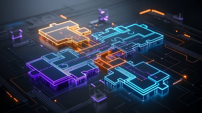 Futuristic interconnected puzzle pieces glowing in vibrant neon blue orange and purple colors featuring circuit like details and a high tech digital abstract background