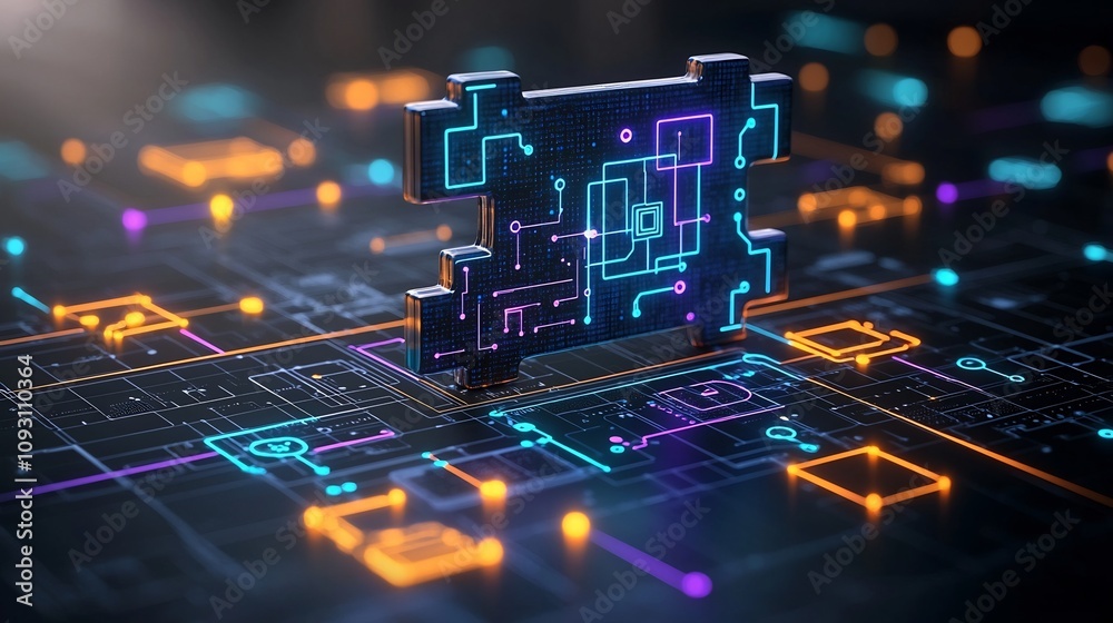 Poster glowing puzzle pieces with neon blue orange and purple lights featuring intricate circuit designs th
