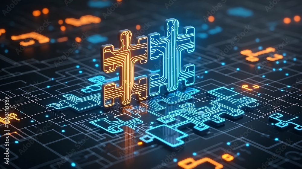 Poster vibrant neon colored puzzle pieces illuminating intricate circuits and seamless digital connections 