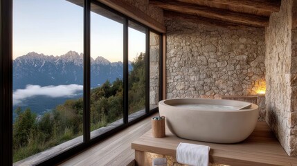 Serene Mountain Retreat with Luxurious Bathtub Overlooking Stunning Landscapes and Majestic Peaks, Inviting Calmness and Relaxation in Nature's Embrace