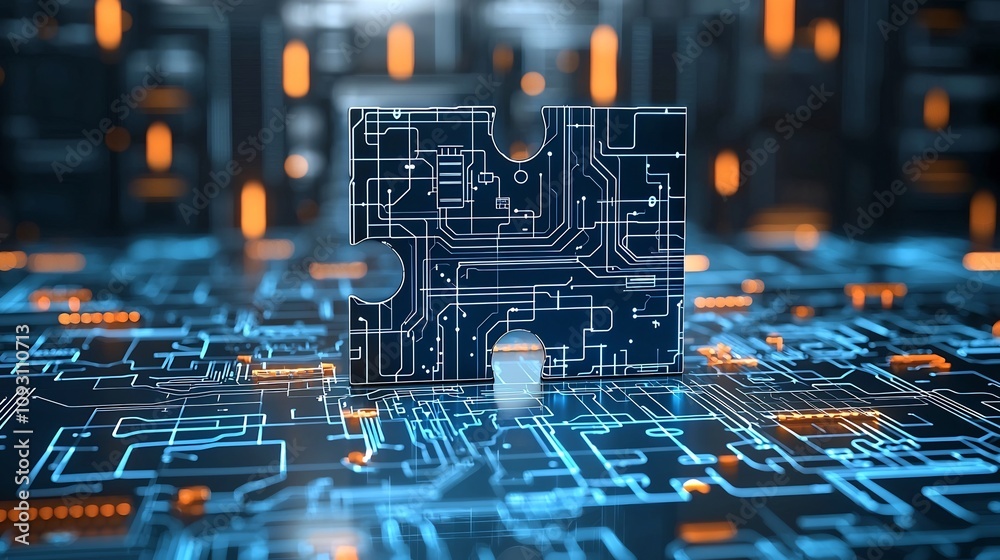 Poster glowing neon puzzle pieces in vibrant blue and orange hues showcasing intricate circuits and seamles