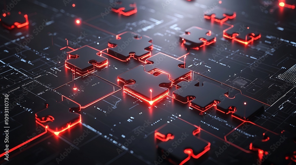 Aufkleber a close up view of futuristic puzzle pieces connected and glowing in vibrant neon shades representin