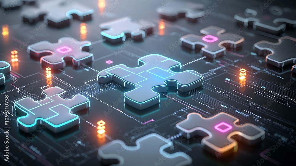 Poster Futuristic puzzle pieces connected and glowing in vibrant neon shades representing innovation and technological progress in an abstract digital background setting
