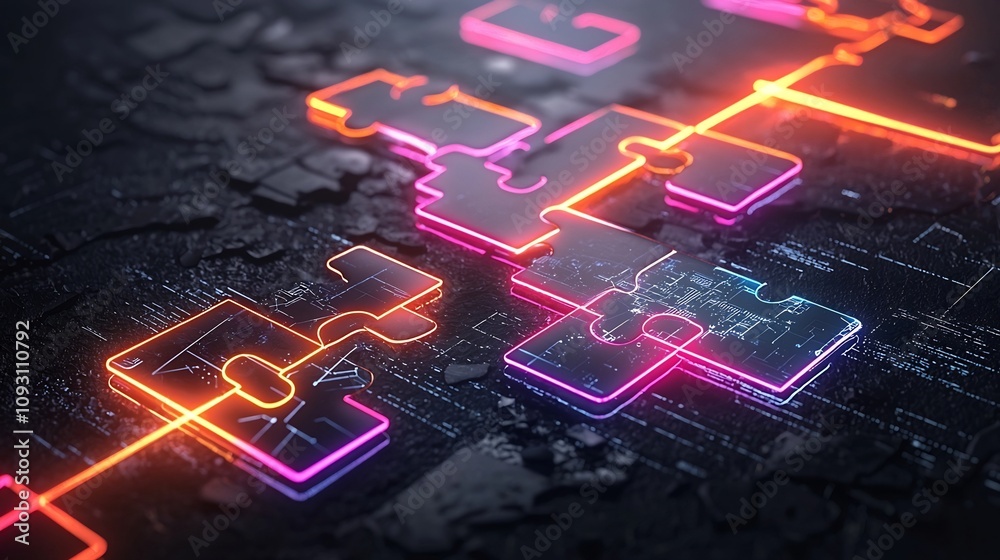 Poster A close up view of futuristic puzzle pieces connected and glowing in vibrant neon shades representing the concepts of innovation technology and digital advancement with an abstract