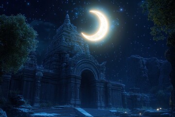 Obraz premium Ancient Temple Gateway Under Crescent Moon Night Sky