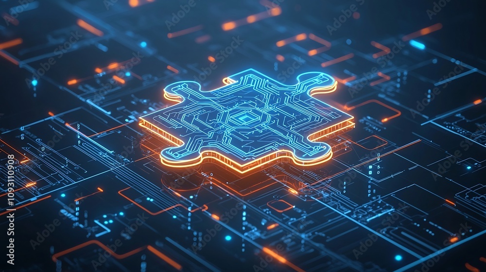 Aufkleber vibrant neon lit puzzle pieces with intricate circuit board designs connected in a futuristic digita