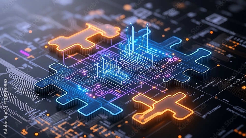 Leinwandbilder glowing puzzle pieces in vibrant neon colors of blue orange and purple featuring intricate circuit l