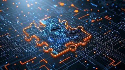 Neon Illuminated Futuristic Puzzle Pieces with Intricate Circuit Designs Interconnected in a Vibrant Digital Abstract Background Showcasing Innovation and Technology