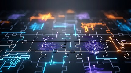Obraz premium Glowing Interconnected Puzzle Pieces in Vibrant Neon Colors of Blue Orange and Purple Featuring Intricate Circuit Patterns Representing Innovation and Technology on a Sleek Digital Background