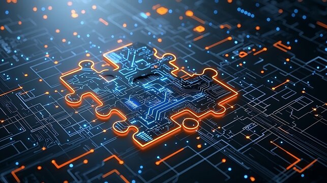 Neon Illuminated Futuristic Puzzle Pieces with Intricate Circuit Designs Interconnected in a Vibrant Digital Abstract Background Showcasing Innovation and Technology