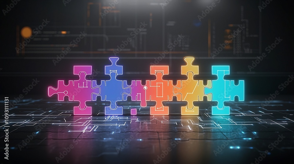 Poster Bright and colorful puzzle pieces glowing with neon hues linked together with circuit like patterns symbolizing progress and innovation on a futuristic abstract background
