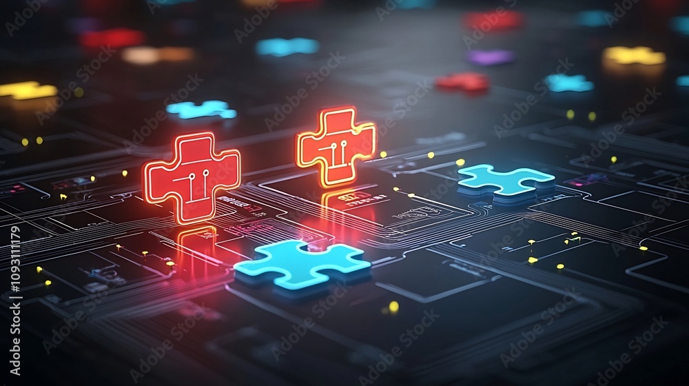 Leinwandbilder Bright and vibrant neon puzzle pieces with circuit like patterns linked together to represent the concept of technological innovation progress and advancement on a futuristic abstract background