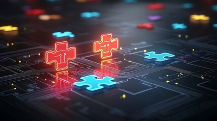 Fototapeta premium Bright and vibrant neon puzzle pieces with circuit like patterns linked together to represent the concept of technological innovation progress and advancement on a futuristic abstract background