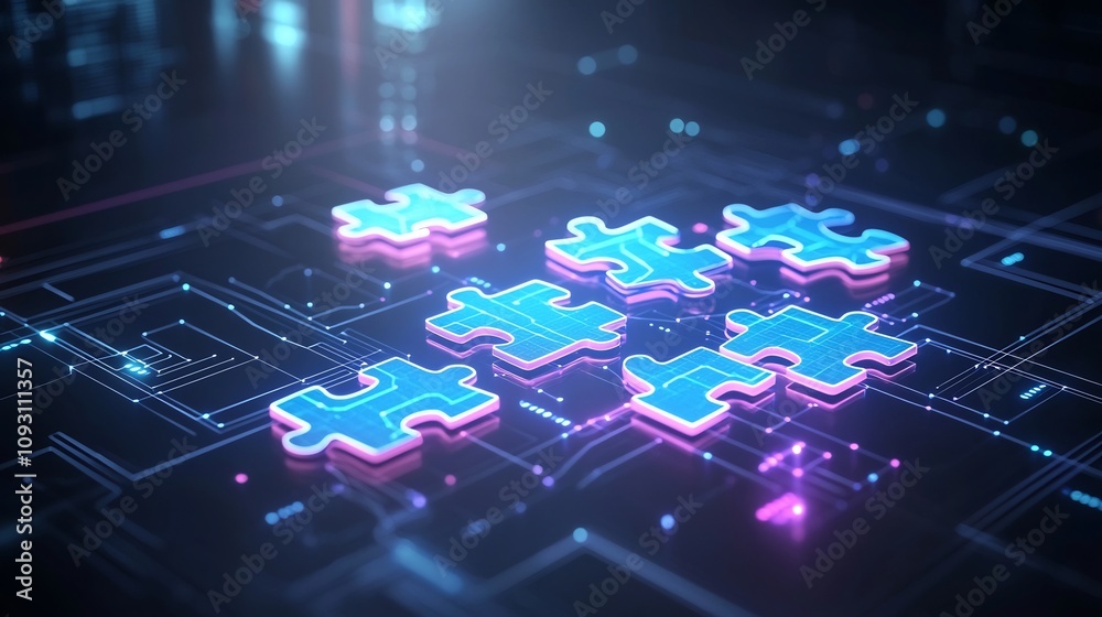 Poster Captivating abstract digital background featuring interconnected glowing puzzle pieces illuminated in vibrant neon hues of blue and purple